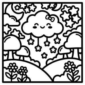 Happy cloud with hanging stars and mushrooms, a perfect easy color-in pages wide lines choice.
