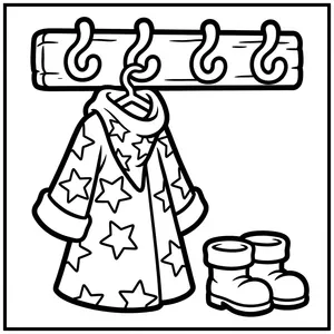 Starry coat and boots hanging on a wooden rack.