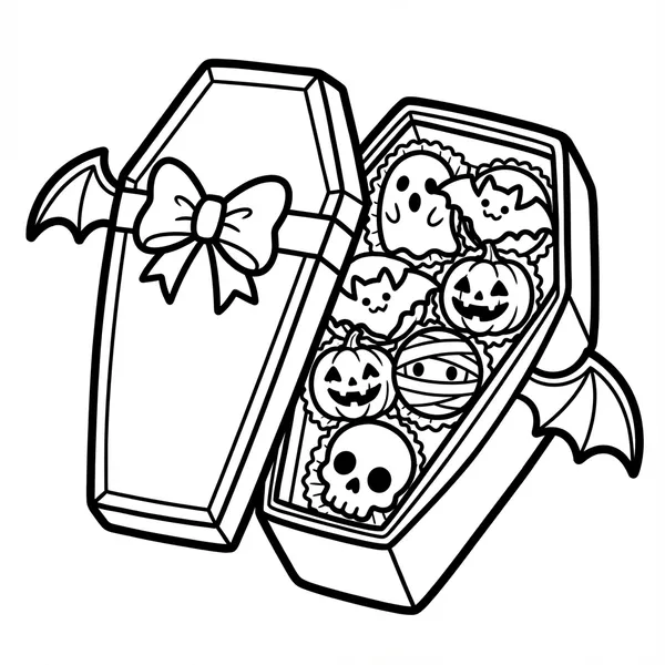 Coffin filled with spooky Halloween cookies.
