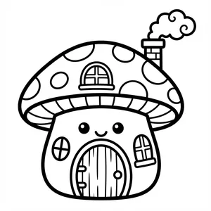 Cute smiling cottagecore mushroom house line art coloring page with a spotted cap, arched wooden door, windows, and a brick chimney puffing curly smoke.