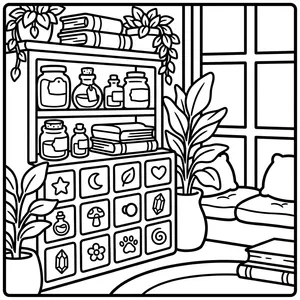 Cozy magical bookshelf with potions and plants.