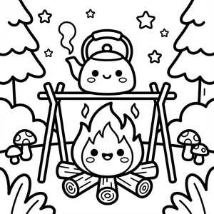 Cute smiling campfire flame burning logs under a tripod holding a smiling tea kettle in a starry pine forest line art coloring page.