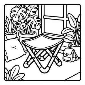 A folding camping chair next to a pillow and a small backpack, surrounded by potted plants, a monstera, and a window frame.