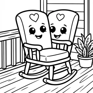 Two cute smiling wooden rocking chairs with carved hearts sitting side-by-side on a house porch next to a potted plant line art coloring page.