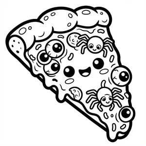Spooky pizza slice with eyeballs and spiders.