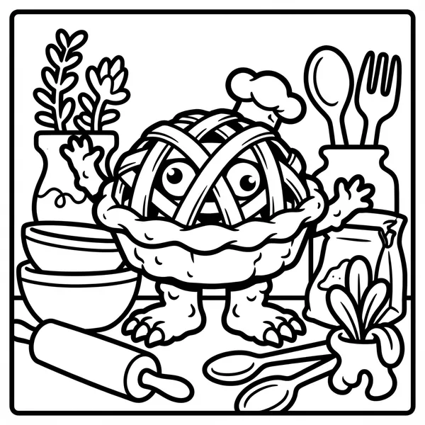 Cute pie monster wearing a small chef hat peeking out from a woven lattice pie crust on a kitchen counter with a rolling pin and mixing bowls.