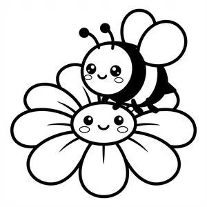 Cute chubby smiling honey bee resting on a smiling daisy flower blossom line art coloring page.