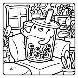 Cute blob monster resting inside a transparent boba cup filled with eyeball tapioca pearls, big straw, and cozy armchair cushion.