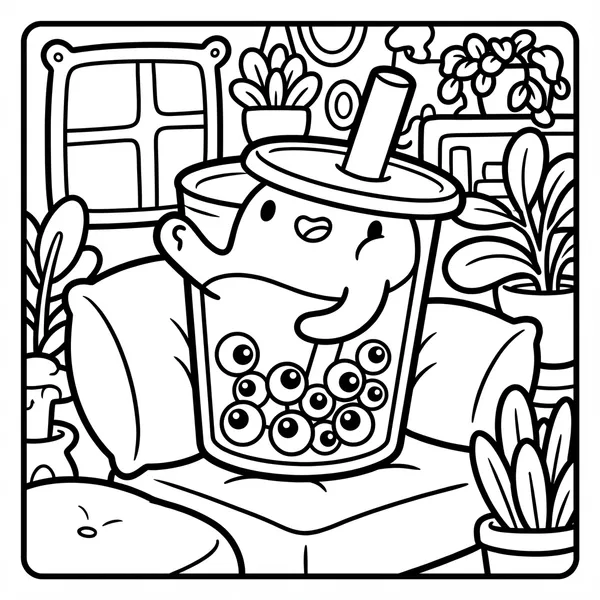 Cute blob monster resting inside a transparent boba cup filled with eyeball tapioca pearls, big straw, and cozy armchair cushion.