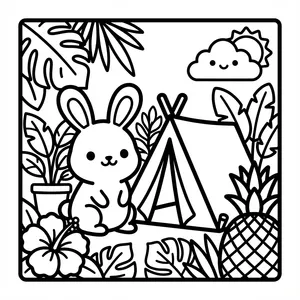 A cute bunny rabbit sitting next to an A-frame tent, surrounded by potted plants, a pineapple, hibiscus flowers, and a smiling cloud and sun above.