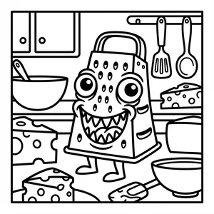 Toothy smiling metal cheese grater monster standing on short legs in a kitchen surrounded by Swiss cheese blocks and bowls.