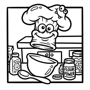 Funny puffy chef hat monster floating over a mixing bowl in a baking kitchen next to a jar labeled FLOUR POWER.