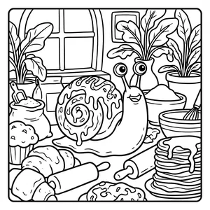 Friendly snail monster with a glazed cinnamon roll shell slithering across a bakery table filled with croissants and pancakes.