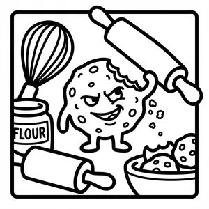 Mischievous chocolate chip cookie monster with a bite taken out holding a rolling pin in a kitchen with a flour jar and whisk.