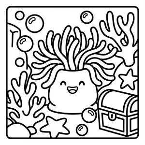 Smiling coral anemone with a treasure chest.
