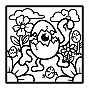 One-eyed monster hatching from a cracked eggshell in a flower garden surrounded by tiny hatching egg friends.