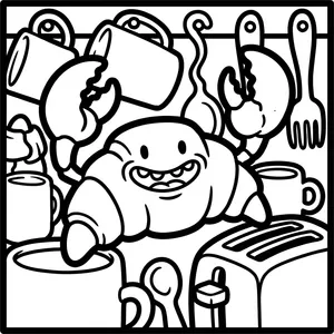 Cute croissant pastry monster with crab claws and smiley face in a kitchen with a toaster, coffee mugs, and cooking utensils.