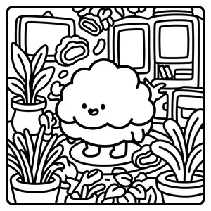Cute puffy cloud-like muffin monster with small feet standing in a cozy room surrounded by potted indoor plants.