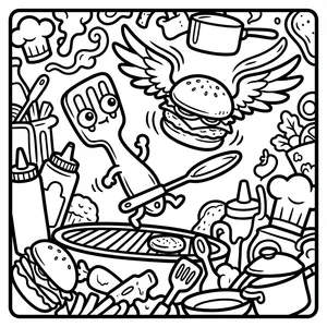 Cute cartoon spatula monster holding a spoon running after a flying winged hamburger over a barbecue grill with ketchup and fries.