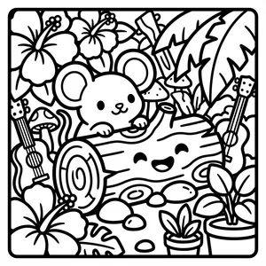 An adorable mouse with large round ears peeking over a smiling wooden log, surrounded by mushrooms, monstera leaves, and small ukuleles.