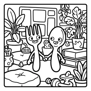 Adorable cartoon fork and spoon monsters with smiley faces holding hands in a cozy plant-filled room.