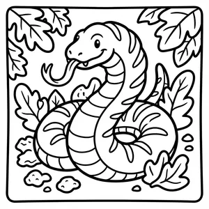 Smiling coiled snake monster with striped body and split tongue peeking out from oak leaves and forest foliage.