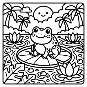 A happy green frog sitting on a large lily pad in a pond, surrounded by lotus flowers, water ripples, palm trees, and a smiling sun.