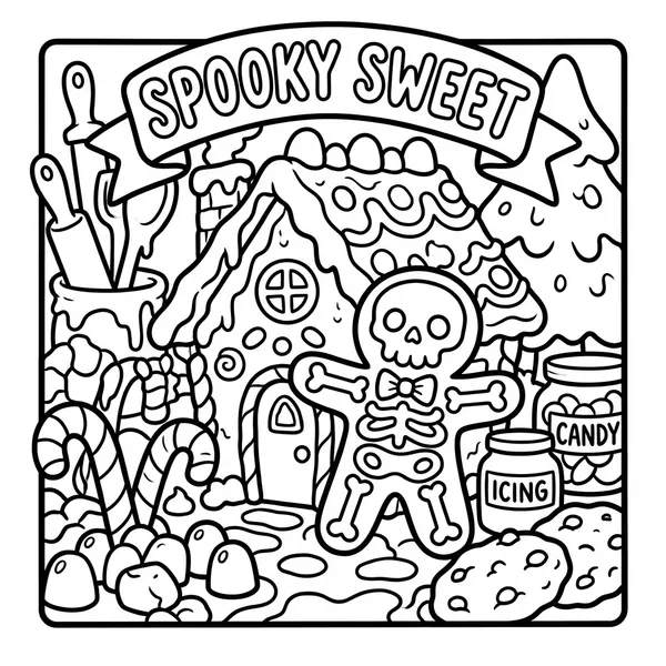 Gingerbread cookie monster with skeleton bone icing details standing in front of a candy gingerbread house under a SPOOKY SWEET banner.