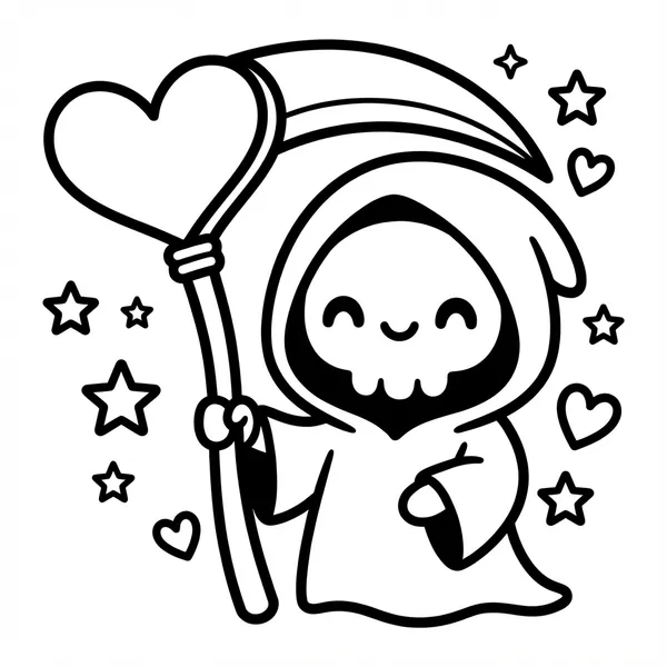 Smiling cute grim reaper with a heart scythe.