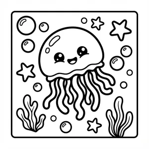 A cute jellyfish with big eyes surrounded by bubbles and seaweed.