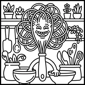 Cartoon kitchen wire whisk monster with a big toothy grin and wire loops reaching into baking bowls near potted plants.