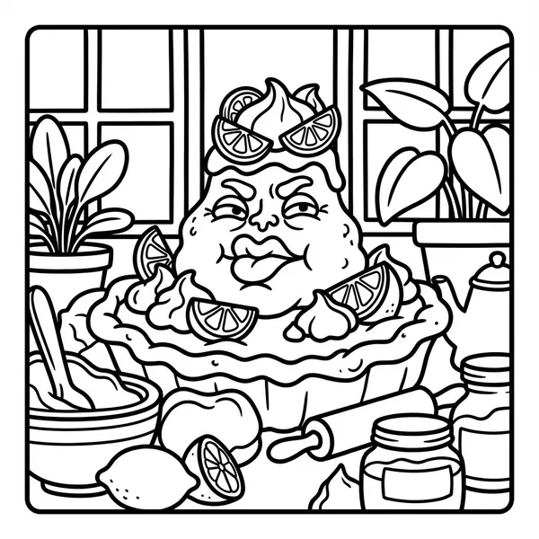 Sour grumpy lemon pie monster with puckered lips and lemon slice toppings sitting on a baking counter next to lemons and utensils.