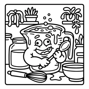 Happy glass measuring cup monster holding a mixing spoon with liquid bubbling over next to a whisk and bowl on a kitchen table.