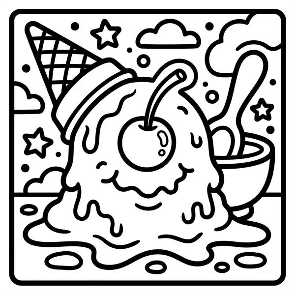 Cute single-eyed melting ice cream scoop monster with a red cherry on top wearing an upside down waffle cone hat under stars.