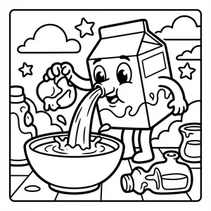 Cute standing milk carton character pouring a stream of milk into a bowl on a kitchen table under a starry sky.