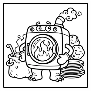 Friendly appliance monster with fire inside its glass door and a chimney smoking next to a cooking pot and plate of cookies.