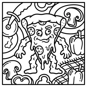 Funny pepperoni pizza slice monster with goofy eyes and melting cheese standing near a pizza slicer wheel and mushrooms.