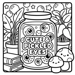 Cute pickled eyes jar with mushrooms.