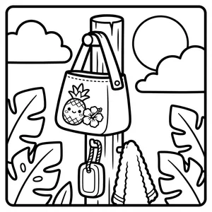 Black and white line art of a tote bag hanging on a wooden post, featuring a cute face, a pineapple, and a hibiscus flower design, surrounded by clouds, sun, cactus, and large tropical leaves.