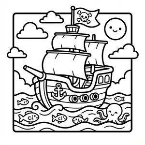 Cute pirate ship with a skull flag.