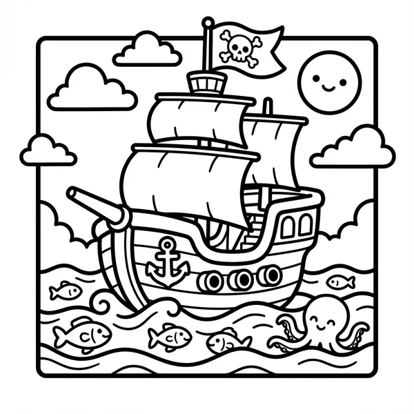 Cute pirate ship with a skull flag.
