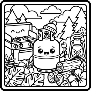 A cute propane gas tank with big eyes and a smile, wearing a winter hat and holding a marshmallow on a stick, next to a stove, lantern, and logs.