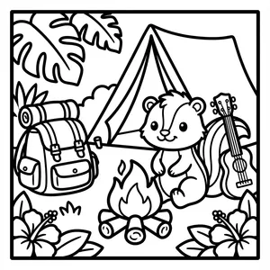 A cute skunk or squirrel sitting by a campfire next to a tent, accompanied by a hiking backpack with a bedroll and an acoustic guitar, surrounded by large leaves and flowers.