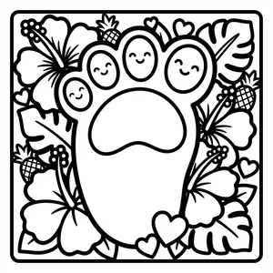 A large paw print where each toe pad has a smiling face, surrounded by hearts, pineapple details, and large hibiscus flowers.