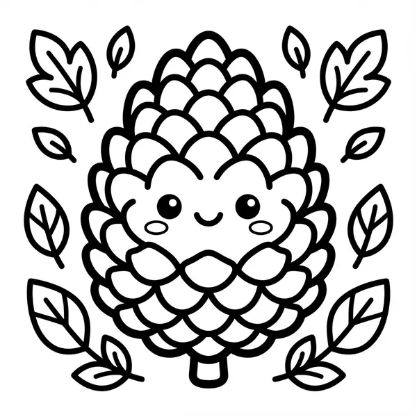 Cute smiling pinecone character framed by autumn oak and maple leaves line art coloring page.