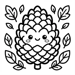 Cute smiling pinecone character framed by autumn oak and maple leaves line art coloring page.
