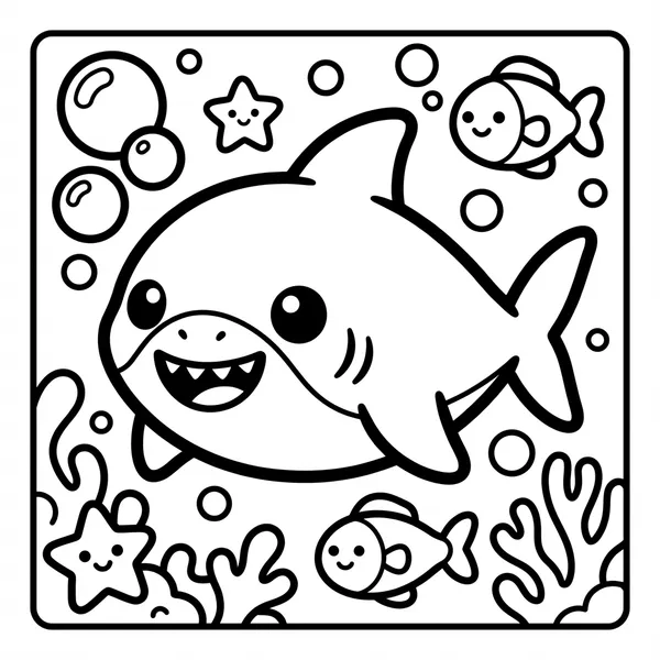 Cute smiling shark with a big toothy grin, swimming past bubbles, seaweed, and two small fish.