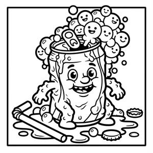 Happy aluminum soda can monster with foaming bubbles overflowing from its open top onto a puddle next to a straw and bottle caps.
