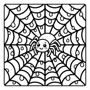 A cute kawaii spider with big sparkling eyes and rosy cheeks sitting in the center of a large woven spiderweb, decorated with hanging water droplets.