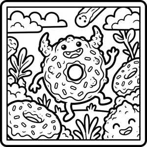 Happy frosted donut monster with cute horns, arms, and legs waving outdoors surrounded by giant sprinkles, plants, and happy bakery treats.